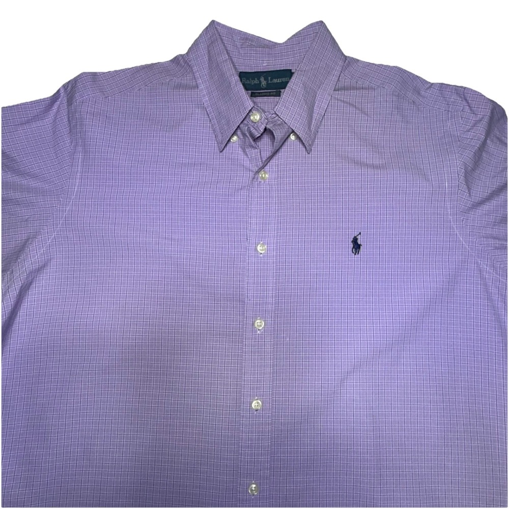 RALPH LAUREN MENS SHIRT XL Cotton Purple White Gingham Check Short Sleeve Pony